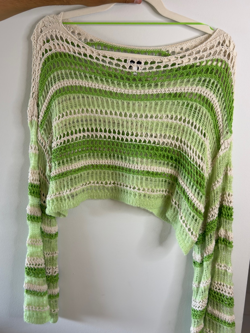 Crochet Stripe Open-Knit Sweater - Green & Cream
